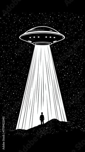 UFO abducting human silhouette with beam of light over hill under starry night sky black and white vector outline