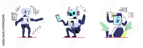 Flat minimalist robot characters interacting with AI technology, answering questions, using digital devices, concept of artificial intelligence communication and automation tools