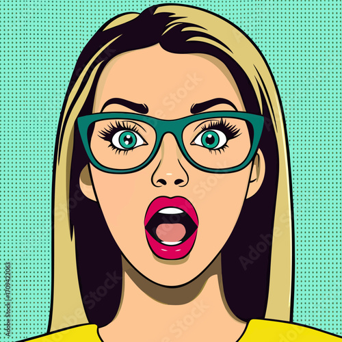 Pop art surprised woman with glasses and blonde hair open mouth expression retro comic style vibrant colors vector illustration