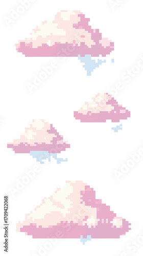 Pixelated pink and white clouds with blue raindrops in minimalist flat vector style isolated on white background for digital art and design projects