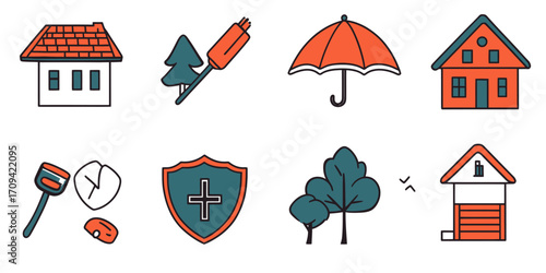 Hand drawn doodle set including house with orange roof, tree, umbrella, shield with cross symbol, plunger, garage, and rake icon sketches for home and health protection concepts in minimalist style