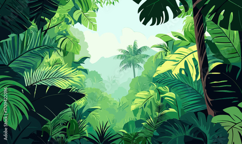 Lush tropical rainforest canopy with dense green foliage and palm trees in vibrant minimalist flat vector style illustration of jungle vegetation and natural environment