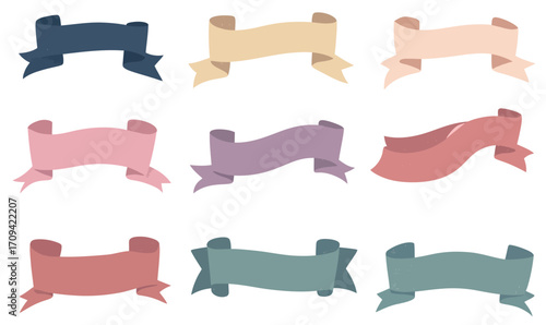 Set of nine stylish blank ribbon banners in various muted pastel colors with folded edges and curled ends flat minimalist vector design for decorative labels and titles