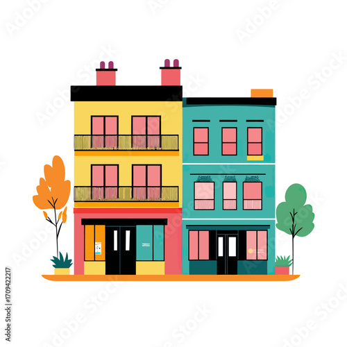 Colorful flat vector illustration of two adjacent shop buildings with balconies and storefronts surrounded by trees isolated on white background