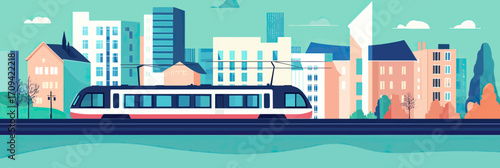 Modern electric train passing through urban cityscape with residential buildings and high-rise apartments in flat minimalist vector style