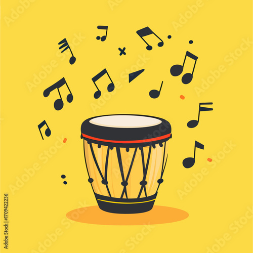 Minimalist vector illustration of traditional wooden drum with black music notes floating above on bright yellow background for music concept design