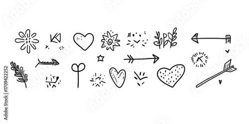 Hand drawn doodle collection of hearts, arrows, stars, flowers, and decorative line sketch elements in minimalist vector style for creative design and decoration