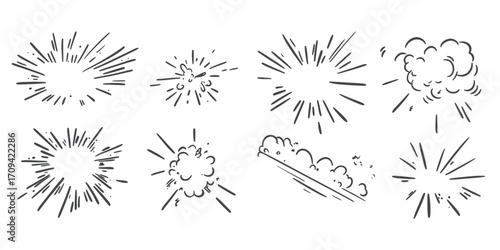Set of black and white comic style burst and explosion speed lines with motion effect and smoke clouds in hand drawn doodle sketch vector illustration for dynamic action design