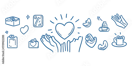 Hand drawn line art collection of donation and charity icons including open hands with heart, money wallet, gift box, gloves, and food items in doodle sketch style vector illustration