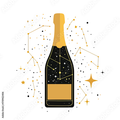 Stylized champagne bottle with gold cap and label decorated with starry constellation patterns and cosmic elements on white background vector illustration luxury celebration abstract design