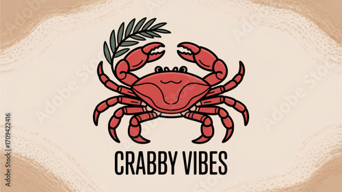 Cute crab cartoon illustration with sea plant and beach background for seafood lovers and summer designs