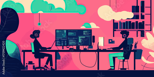 Two developers coding software on desktop computers in modern bright office with bookshelves, plants, and clouds decoration vector illustration