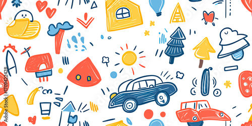 Seamless hand drawn doodle pattern with colorful kids toys cars houses trees sun and playful abstract shapes vector background for children education and preschool design