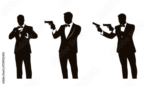 Silhouettes of elegant men in suits with bow ties holding and aiming guns in different poses on white background minimalist vector illustration