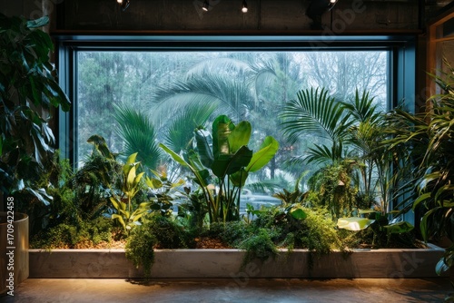 A large window with tropical plants clustered at the base The space feels like a mini indoor garden The mood feels lush and calming