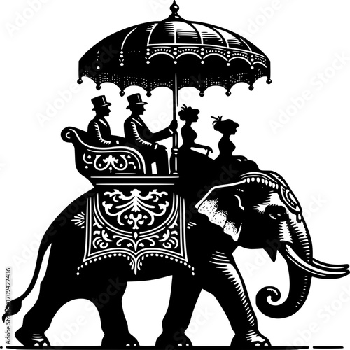 Royal Elephant Ride Illustration: An elegant illustration captures the regal scene of a stately elephant bearing a palanquin holding distinguished figures.