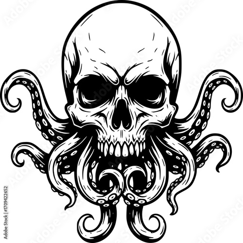 Skull and Octopus Illustration: A stylized illustration, a fusion of a human skull and octopus tentacles. A dark, intriguing artistic concept, perfect for those seeking an edgy design.