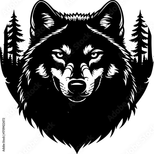 Wild Wolf Silhouette: A striking black and white silhouette of a majestic wolf, its piercing gaze embodying the wild beauty of the wilderness. Captured the essence of the animal in an artistic design.