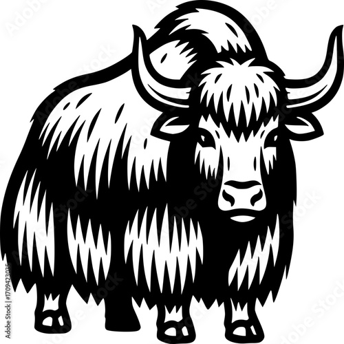 Majestic Yak: A striking black and white illustration of a yak, showcasing its robust build, long hair, and imposing horns. The yak stands proudly.