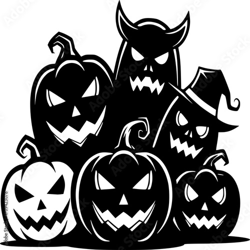 Spooky Halloween Group: A collection of menacing jack-o'-lanterns and ghostly figures, perfect for Halloween designs, featuring carved pumpkins and eerie silhouettes. 