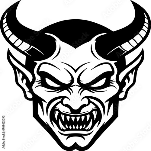 Sinister Grin: A black and white illustration of a demonic visage, showcasing sharp teeth and menacing horns. The graphic emanates power and darkness.