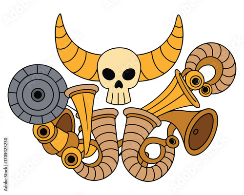 Unique Musical Instrument Art Featuring Skull, Horns and Assorted Trumpets for Decoration