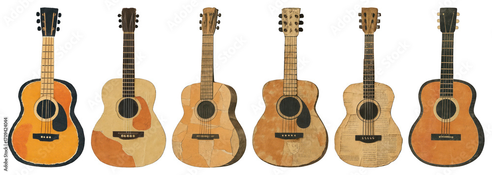 Naklejka premium PNG Vintage acoustic guitars collage, element set on transparent background