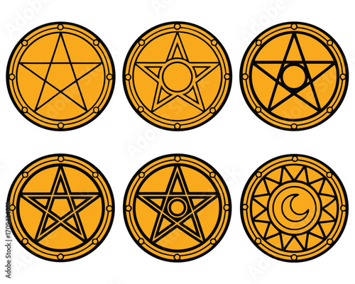 Assortment of Golden Pentacle and Moon Symbol Designs for Occult and Magical Practices