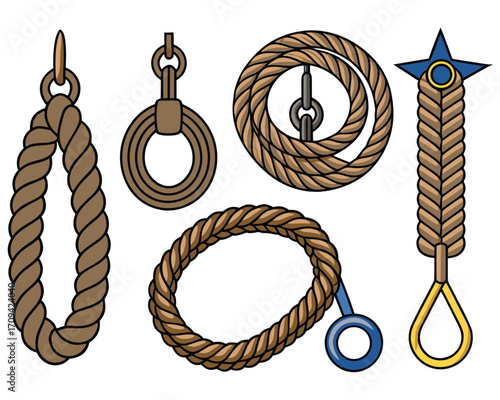 Assorted nautical ropes with metal rings, pulleys, and unique decorative knots illustration