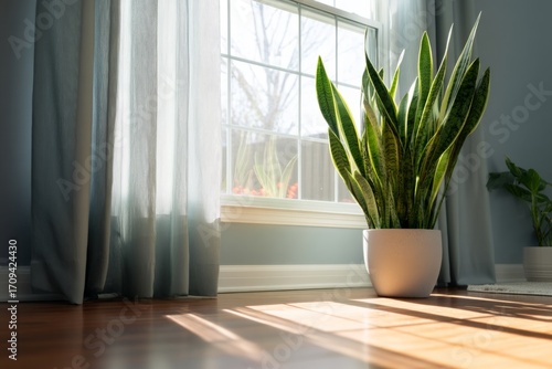A modern living room window framed with snake plants The sunlight glows warmly on the floor The mood feels fresh and soothing
