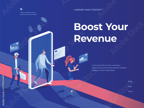 vector illustration of a business graph A poster with the text “Boost Your Revenue”, showing a man and a woman interacting with a large screen, with a dark blue background and a red dot
