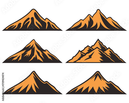 Collection of Orange and Black Mountain Silhouettes Vector Illustration for Outdoor Designs