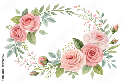 Watercolor roses wreath isolated on transparent background. Flower PNG.