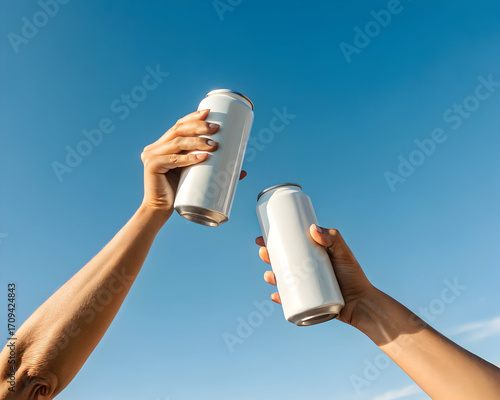 Two hands holding up white aluminum cans against a vibrant blue sky background outside