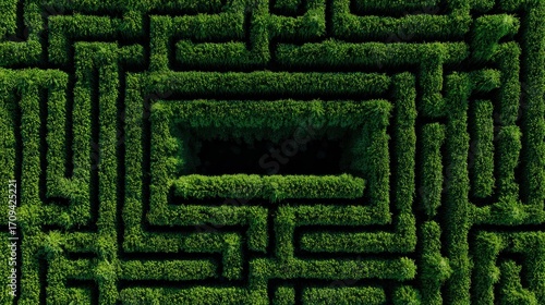 Aerial view of lush green grass maze representing mystery, challenge, and exploration.