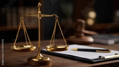 Golden balance scale on wooden table with legal gavel, clipboard, and pen, symbolizing justice, law, and legal authority in professional, serious office setting