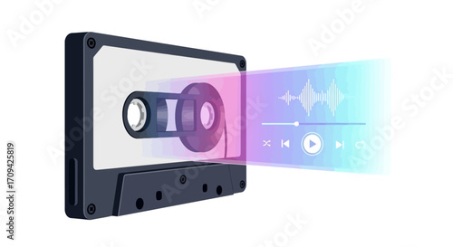 Nostalgic Cassette Tape Illustration with Vibrant Soundwave Visualization for Music Production and Audio Engineering Templates.