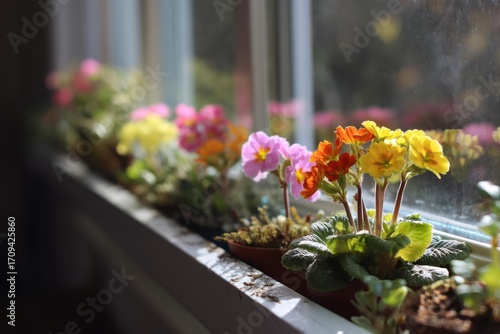 A narrow windowsill lined with small flowering plants Their colors pop in the sunlight The mood feels joyful and fresh