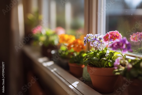 A narrow windowsill lined with small flowering plants Their colors pop in the sunlight The mood feels joyful and fresh