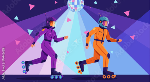 Retro Roller Disco Illustration Featuring Two People in Spacesuits Skating Under a Sparkling Disco Ball, Suitable for Nostalgia-Themed Design Projects and Party Invitations.