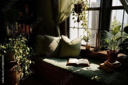 A reading nook beside a window with potted plants nearby Sunlight highlights the green details The mood feels cozy and mindful