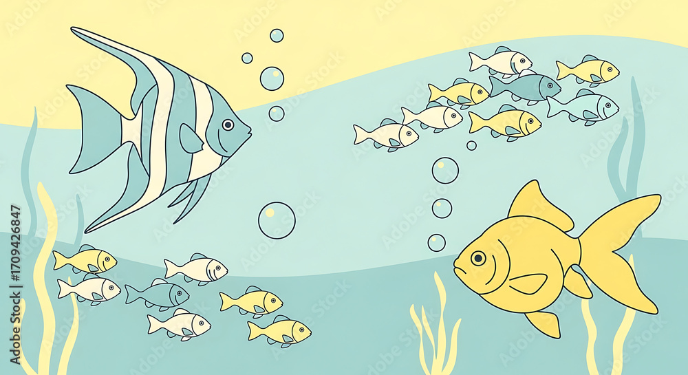 Obraz premium Cartoon illustration depicting two groups of small fish facing a larger angelfish and goldfish in an underwater scene with bubbles and seaweed.