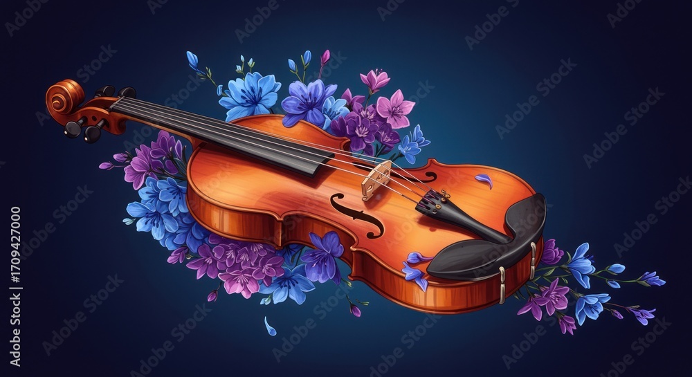 Fototapeta premium Elegant Violin Surrounded by Delicate Flowers