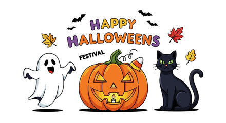 Crédence de cuisine  Whimsical Halloween scene with a friendly ghost, carved pumpkin, and black cat  © Ahmad