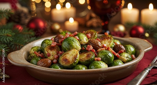 Roasted Brussels Sprouts with Bacon and Chestnuts Festive Dinner.