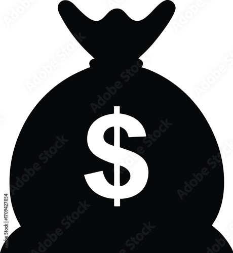 Sack of Money Silhouette - Simple Vector Icon. Money Bag Silhouette Vector - Dollar Sign Sack, Loot, Finance Symbol.