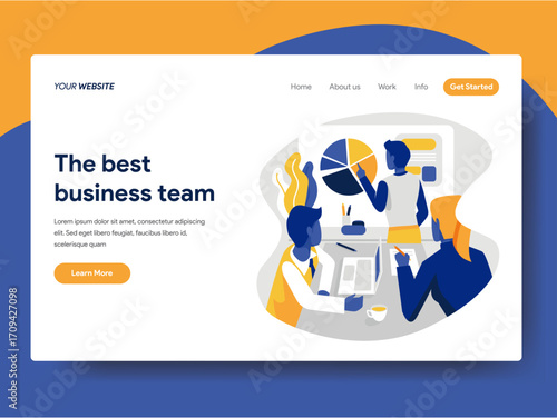 Business data analysis vector graphics An illustration for “The Best Business Team” showing people in a meeting with charts, with a background of orange and blue sections