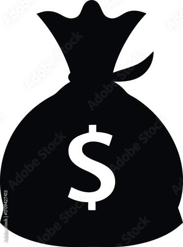 Sack of Money Silhouette - Simple Vector Icon. Money Bag Silhouette Vector - Dollar Sign Sack, Loot, Finance Symbol.
