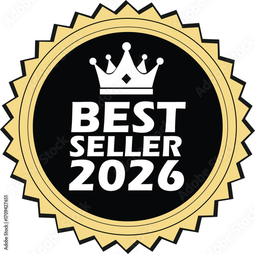 Gold and black best seller 2026 badge with white crown award seal