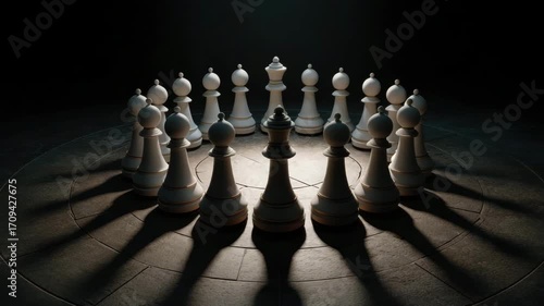Chess piece circle featuring white chess piece king and pawn on dark stone floor with dramatic lighting, strategy, competition, board game, focus, intelligence, and victory planning